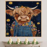 Highland Cow Wall Art Happy Cow in Overalls with Flowers Whimsical Rustic Farmhouse Decor for Kids Room Bedroom or Gift for Cow and Animal Art Lovers on Ready to Hang 1.5" Thick Canvas Wrap, Floating Framed Canvas, Flat Rolled Canvas